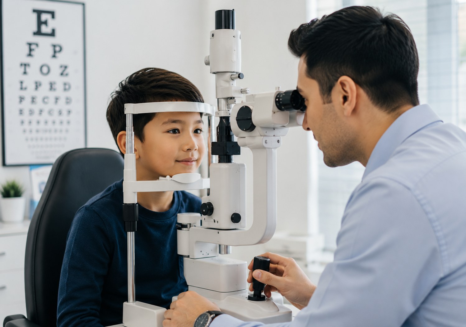 Child having an eye exam for myopia control